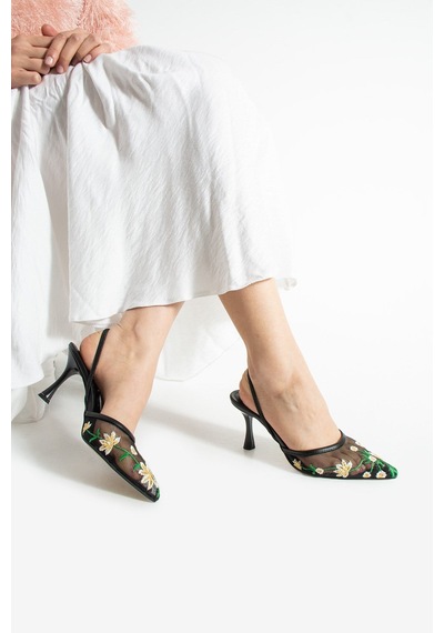 Lebibe Shoes Daısy Çiçek İşlemeli Tül Dokulu 7cm Bantlı Siyah Topuklu Ayakkabı