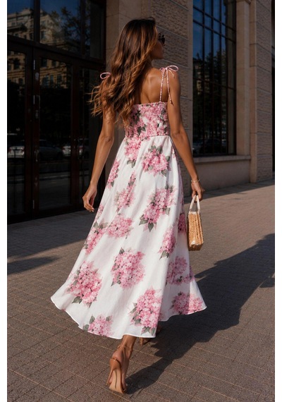 Asprinfashion Pembe Ortanca Çiçek Desenli Askılı Midi Elbise