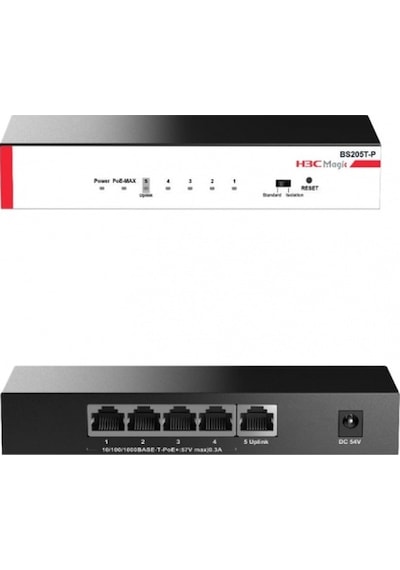 H3C Magic BS205T-P 5 Port GigaBit 5 Port PoE 57 W 1 Port GigaBit Uplink Metal Kasa Yönetilemez Masaüstü Switch