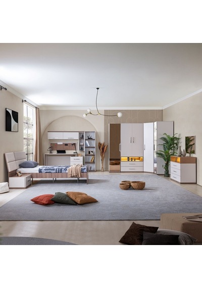 Milano Genç Odası -5 Kapaklı Aynalı Dolap, Karyola, Komodin, Çalışma Masası, Şifonyer, Kitaplık Beyaz Milano Genç Odası -5 Kapaklı Aynalı Dolap, Karyola, Komodin, Çalışma Masası, Şifonyer, Kitaplık Beyaz