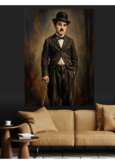 Bastonlu Şık Charlie Chaplin Tablosu Dekoratif Kanvas - Mdf Ahşap Tablo