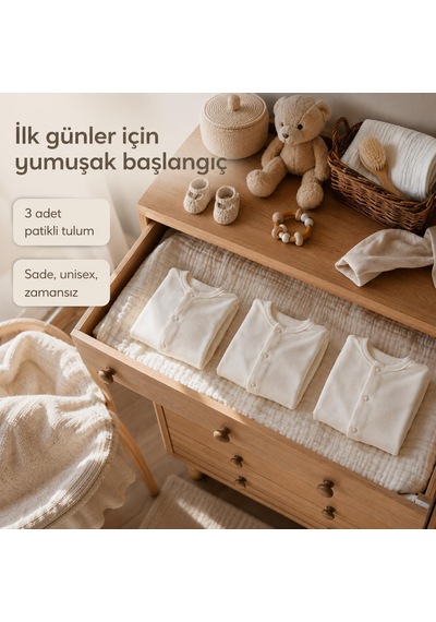 3'lü Yenidoğan Bebek Tulumu, 0-3 Ay Unisex Ekru Organik Pamuk Tulum Seti Bej - Çok Renkli