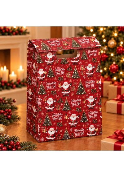 Balgelal Kırmızı Noel Baba Ve Çam Ağacı Desenli Yılbaşı Hediye Paket Çantası - Kulplu Dekoratif Karton Hediye Poşeti - 1'li - 9021426364010