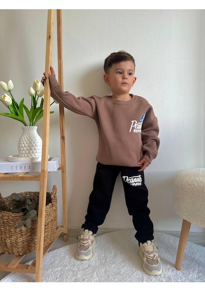 Jolly Kids Erkek Çocuk Baskılı Sweatshirt Takım Kahverengi