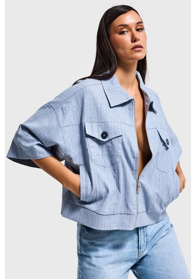 Kadın Mavi Renk Oversize Cep Detaylı Özel Tasarım Denim Ceket