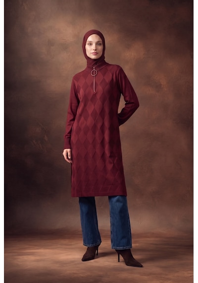 Armine Trend Baklava Desenli Fermuar Yaka Uzun Triko Tunik Bordo 25ktd4112