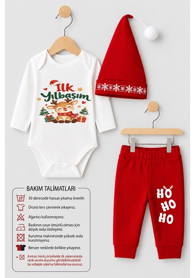 Babyden's Bebek Yılbaşı Takımı İlk Yılbaşım Baskılı Noel Kıyafeti %100 Pamuk 3'lü Body Pantolon Noel Şapkası Yılbaşı Kostüm Beyaz - Kırmızı
