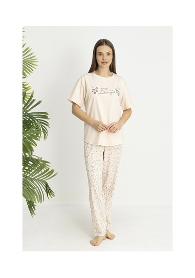 Estiva Kadın Flora Alt Desenli Somon Penye Lycra Kısa Kollu Pijama Takımı Çok renkli Estiva Kadın Flora Alt Desenli Somon Penye Lycra Kısa Kollu Pijama Takımı Çok renkli