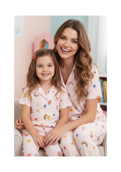 Siyah İnci Pamuklu Düğmeli Örme Pijama Takımı Desenli