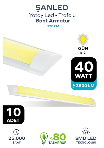120 Cm 40 Watt Yatay Led Bant Armatür-trafolu Gün Işığı-10 Adettir Günışığı