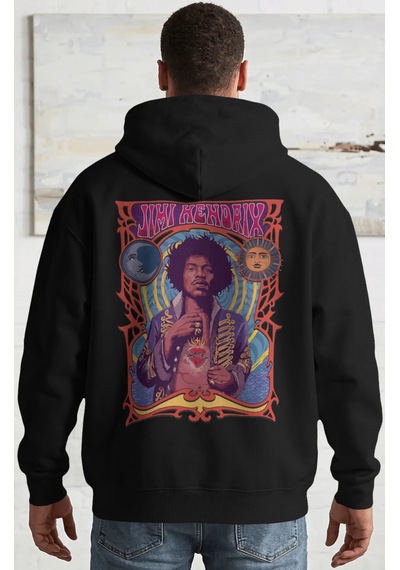 Sevbano Jimi Hendrix Efsane Şarkıcı Sırt Baskılı Unisex Oversize Penye Ho Siyah