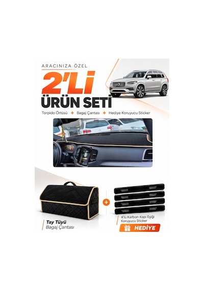 Volvo Xc-90 2015-2024 Uyumlu Torpido Örtüsü + Tay Tüyü Bagaj Çantası + Sticker Seti - Siyah Bej