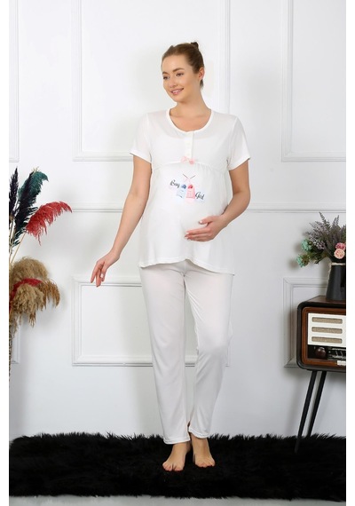 Akbeniz Kadın Kısa Kol Hamile Lohusa Pijama Takımı Ekru 45210-ekru