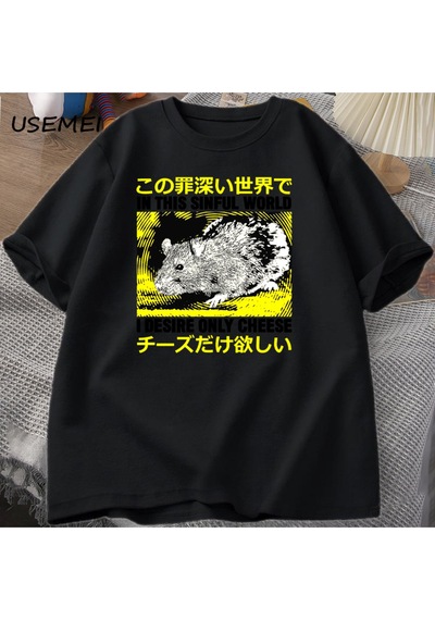 Flood Of Style Ben Arzu Sadece Peynir T-shirt Erkekler Komik Pamuk Japon Sıçan Grpahic Tees Casual Pamuk Kıs Siyah