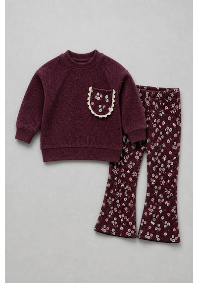 Magu Kız Çocuk Çiçek Desenli Bordo Sweatshirt Ve İspanyol Paça Tayt Takımı