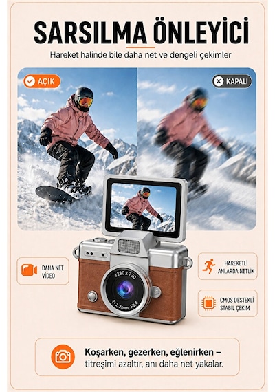 Solvis Mini Dijital Kamera Retro Tasarım Hd Video Selfie Çekim 180 Döndürülebilir Ekran Taşınabilir Kamera