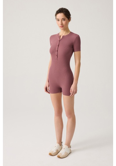 Los Ojos Bordo Fitilli Kısa Kollu Kısa Tulum Short Romper Bordo Bordo