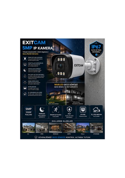 Exitcam 8 Kameralı 5 Mp Ip Poe Güvenlik Kamera Sistemi 20 İnç Monitör, 1 Tb Hdd, 100 Metre Kablo,
