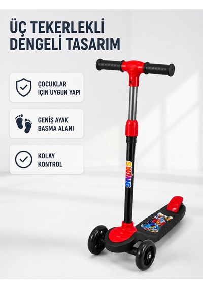 Çocuk Skuteri 3 Tekerlekli Geniş Basma Alanlı Ayarlanabilir Boy Scooter Kırmızı