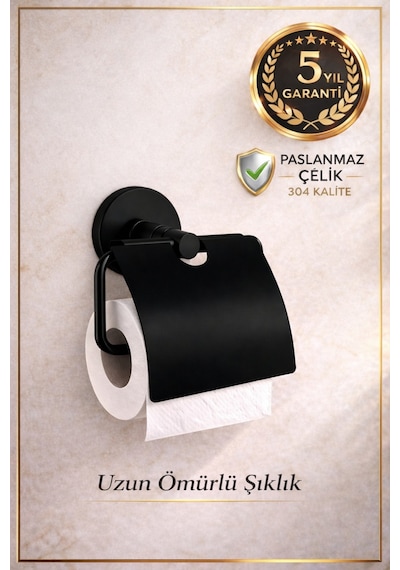 Alper Banyo Siyah 304 Paslanmaz Çelik Kapaklı Tuvalet Kağıtlığı – 5 Yıl Garantili – Yapışkanlı & Vidalı Montaj