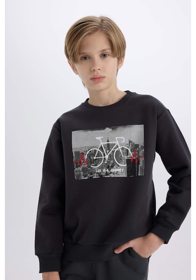 DeFacto Erkek Çocuk Bisiklet Yaka Baskılı Kalın Sweatshirt D3038A824WNAR206