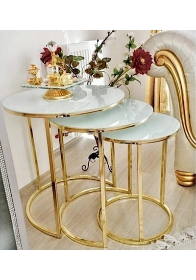 Üçlü Beyaz Cam Gold Ayak Zigon Sehpa