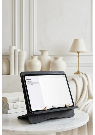 Siyah Ahşap Kitap Tablet Standı Kuş Detaylı