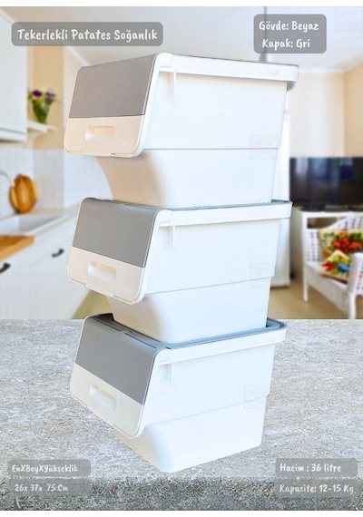 3'lü Tekerlekli Patateslik Soğanlık Bpa Free Oyuncaklık Erzak Kutusu Sebzelik Gri 36 Lt Gri Beyaz