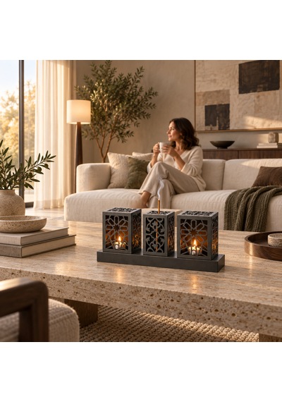 Lazer Kesim Metal Tealight Mumluk Ve Tütsülük Seti Geometrik Selçuklu Yıldızı Motifli Modern Ev Dekoru Benzersiz Masa Süsü Ve Hediye Siyah