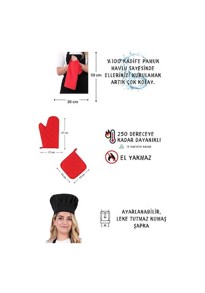 Star Ayar Askılı 5li Mutfak Önlüğü Seti Ayar Askılı Havlulu Önlük, Şapka, Eldiven, Tutacak Siyah-kırmızı-kırmızı
