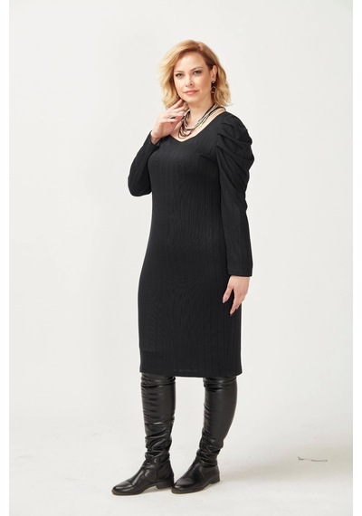 Moda Berray 3228 Havalı Kol Büyük Beden Şık Triko Elbise Siyah Siyah