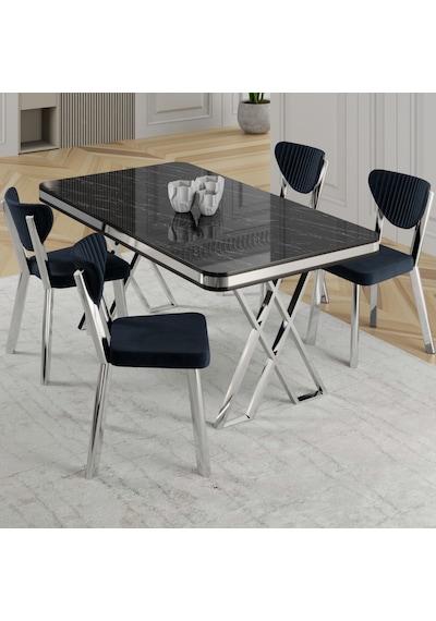 Raja Serisi 80x130 Lak Panel Siyah Mermer Desen Masa Takımı Krom Ayaklı 4 Sandalye Siyah Mermer - Antrasit Raja Serisi 80x130 Lak Panel Siyah Mermer Desen Masa Takımı Krom Ayaklı 4 Sandalye Siyah Mermer - Antrasit
