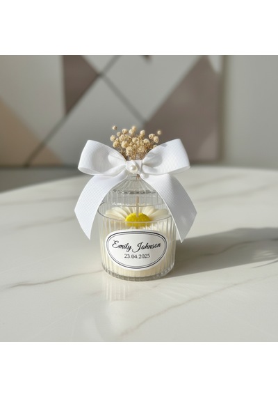 Papatya Desenli Mika Kutulu İsimli Mum Hediyelik Nikah, Nişan & Baby Shower 20 Adet