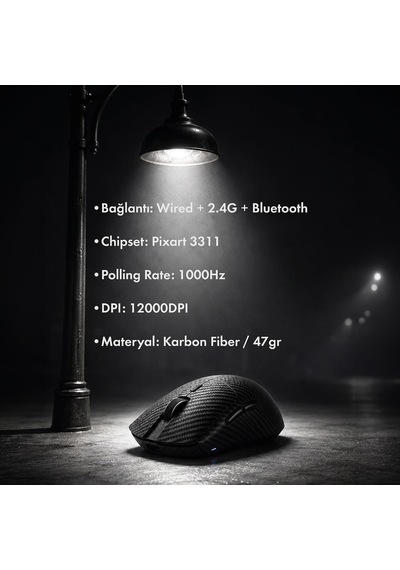 Shadow Knight Kablosuz 2.4ghz Bluetooth Kablolu Ultra Hafif 47gr 1khz 12000dpı Karbon Fiber Oyuncu Mouse