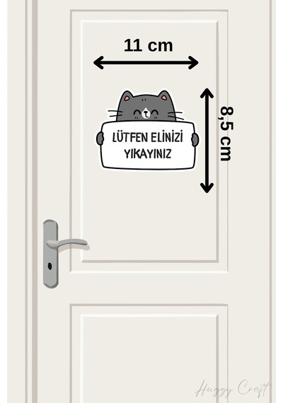 Lütfen Elinizi Yıkayınız Sticker Gri Kedi Figürlü Etiket Standart
