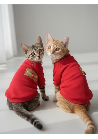 Sevimli Çilek Detaylı Kırmızı Kedi Polar Sweatshirt