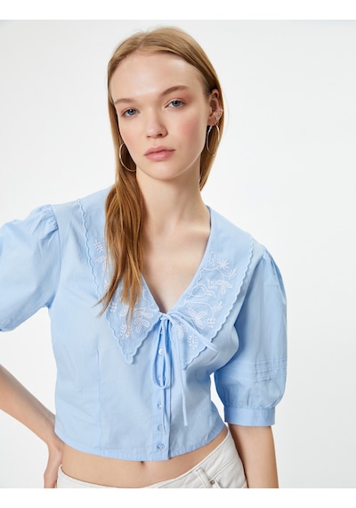 Koton Balon Kol Bluz Bebe Yaka Düğmeli Kısa Kollu Nakışlı Slim Fit Mavi 4sal60052ıw Mavi
