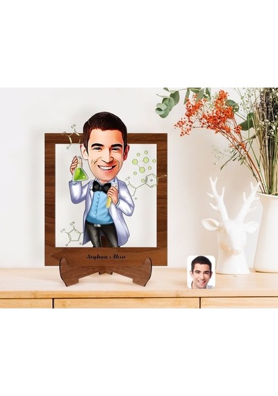 Kişiye Özel Erkek Kimya Öğretmeni Karikatürlü Ahşap Standlı 3D Bi (488755704)