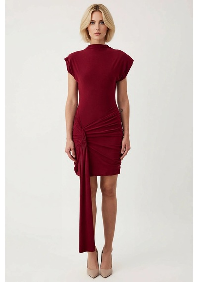 Benerly Kadın Dik Yaka Ay Kol Örme Bodycon Mini Elbise Aksesuar Detaylı F Bordo