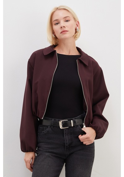Fullamoda Fermuarlı Polo Yaka Bomber Ceket Mürdüm