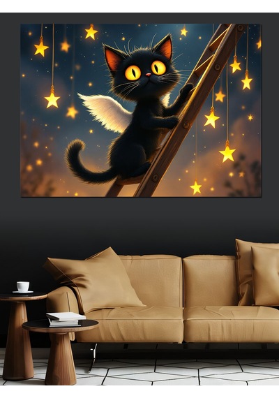 Yıldızlı Gece Kara Kedi Dekoratif Kanvas - Mdf Ahşap Tablo