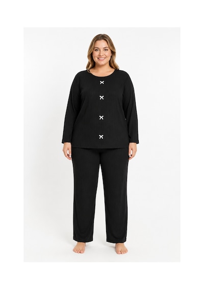Sleeproom Büyük Beden Kadın Kaşkorse Mevsimlik Siyah Pijama Takımı