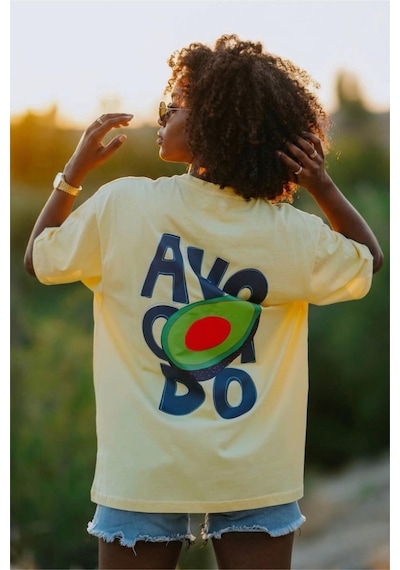 Avacado Sırt Baskılı Oversize Unisex Pamuklu Tişört Sari
