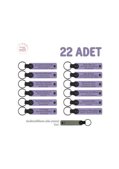 Anaokulu Anısı İçin Üzerinde İsim Yazılı Anahtarlık 22 Li Set, Miniklere Hediye, Mor Menekşe & Gri
