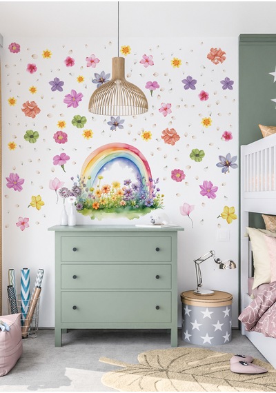 Gökkuşağı & Çiçek Duvar Sticker Mat, Sökülebilir, Dekoratif Duvar Süsü 01