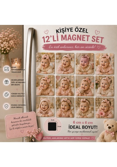 12'li Kare Fotoğraf Magneti Kız Bebeğe Kişiselleştirilebilir Bebek Anı Hediye Seti
