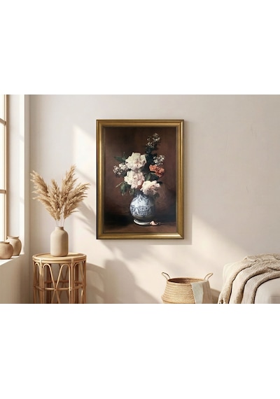 Klasik Gold Çerçeveli Çini Vazoda Şakayık Çiçekleri Tablo Lüks Salon Duvar Dekoru 60x80 Cm