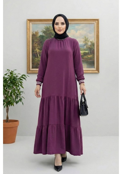 Hb Harma Time Butik Kadın Ayrobin Kolu Ribanalı Uzun Pembe Tesettür Elbise Pembe Pembe