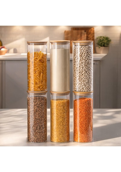 Porsima 4-3 Bambu Vakumlu Kapaklı Yuvarlak Borosilikat Cam 6lı Kavanoz Seti Saklama Kabı 2100ml 10x30cm Cam - Şeffaf