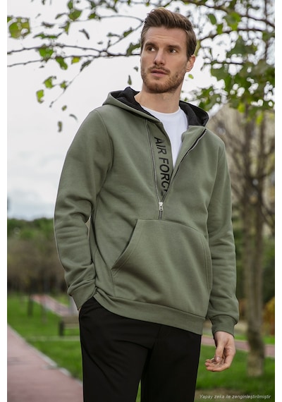 Buratti Kanguru Cepli Fermuarlı Kapüşon Yaka Slim Fit Erkek Sweat 575707 Haki